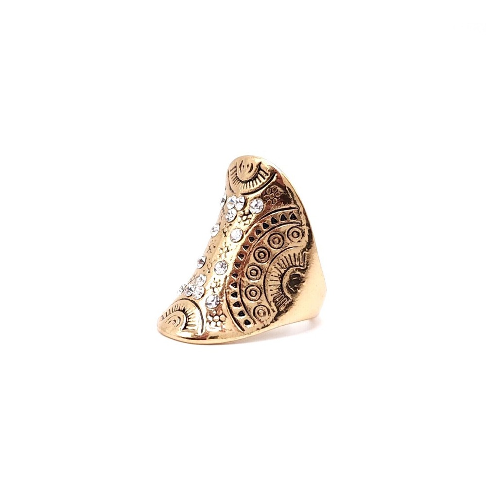 Gold Tone Tribal Engraved Statement Ring Women's Shield Rhinestone Boho Jewelry - Picture 6 of 10